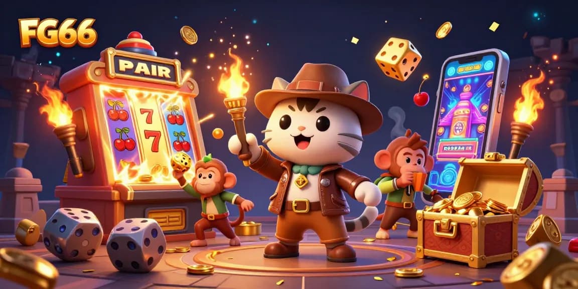 Engage with FG66's vibrant 3D casino scene showcasing a cat explorer, slot machines, and golden treasures.
