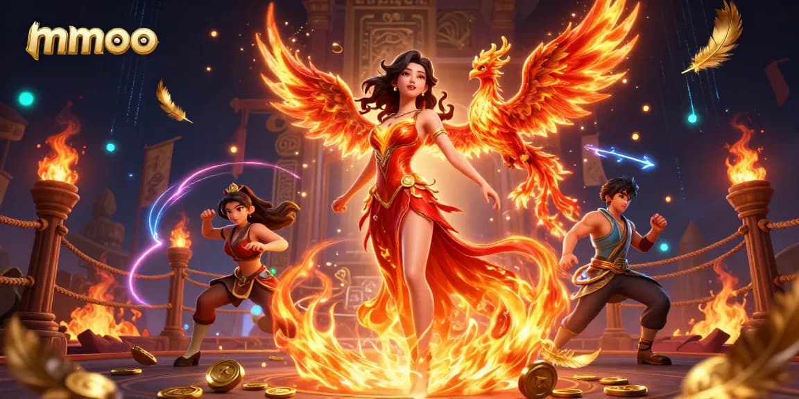 Join the thrilling action at mmoo with vibrant casino elements and a fiery phoenix.