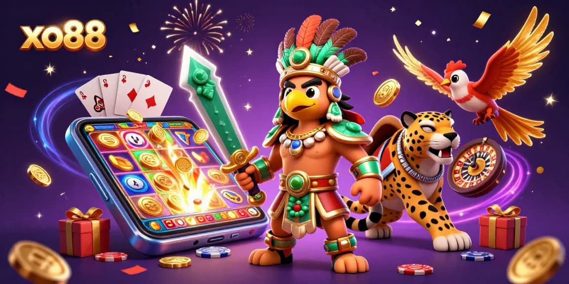 Spin slot games with xo88 while Aztec warriors celebrate in this dynamic casino scene.