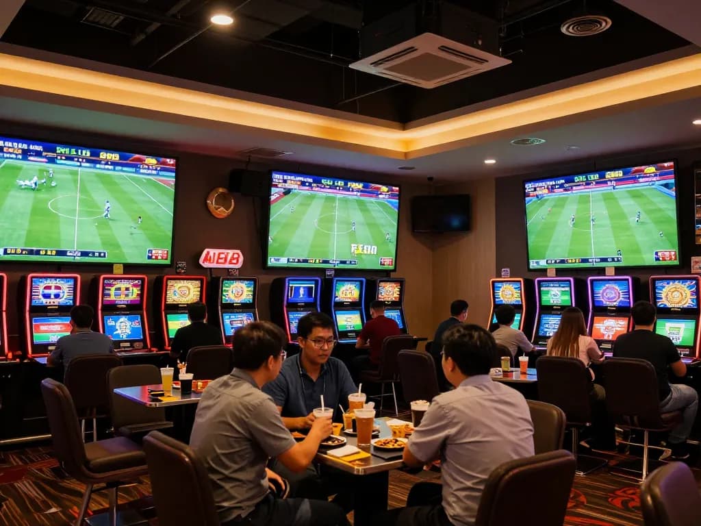 Exciting moment as bettors engage in kèo nhà cái hôm nay during a live football match in a vibrant casino
