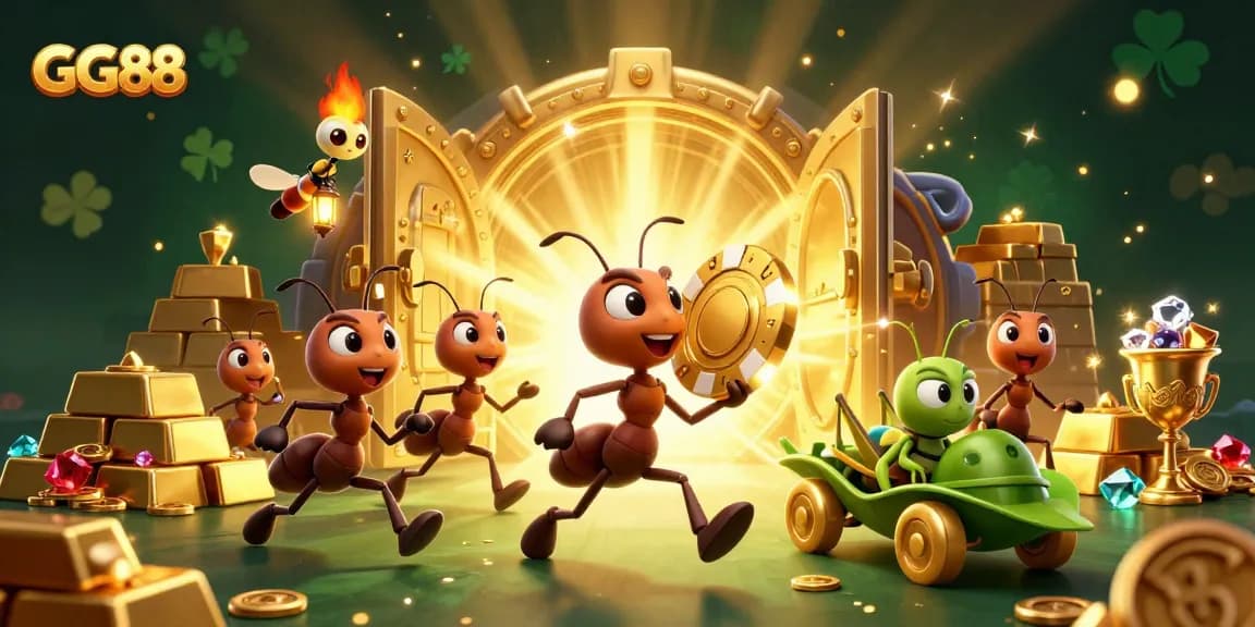 Experience GG88's thrilling heist with ants, golden poker chips, and vibrant treasure!