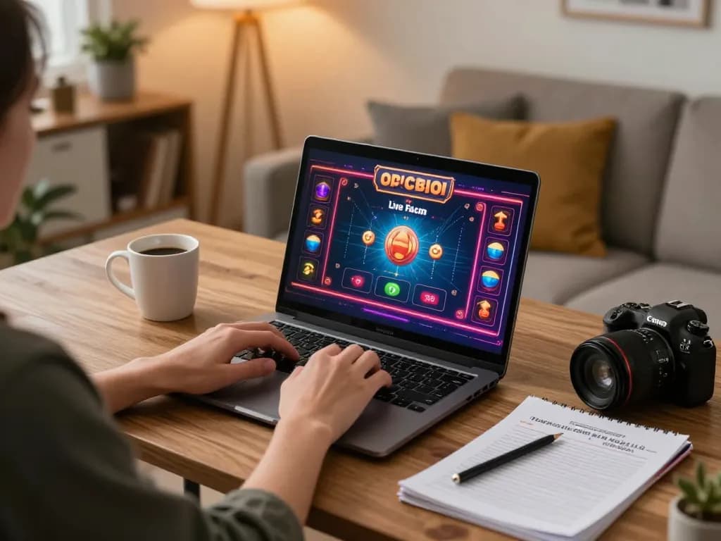 RR88 online gaming with laptop displaying live casino, warm atmosphere and personal touches