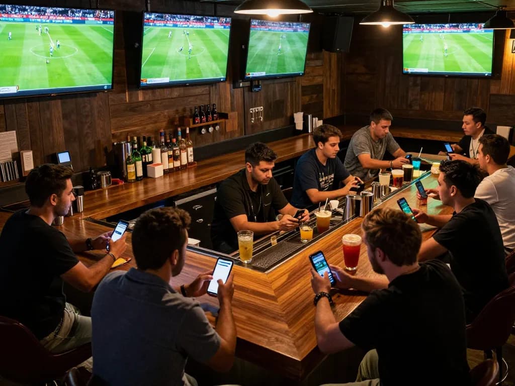 Engaged patrons using mobile apps for kèo bóng đá việt nam hôm nay in a lively sports bar setting.