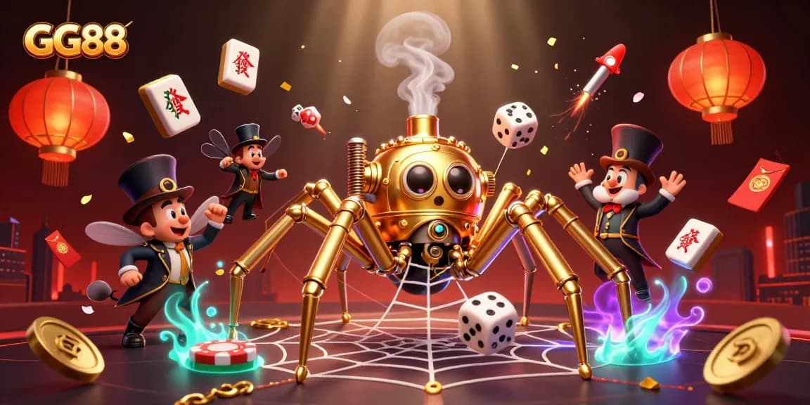 Engage with GG88's dynamic gaming scene featuring a steampunk spider capturing dice amidst vibrant casino elements.
