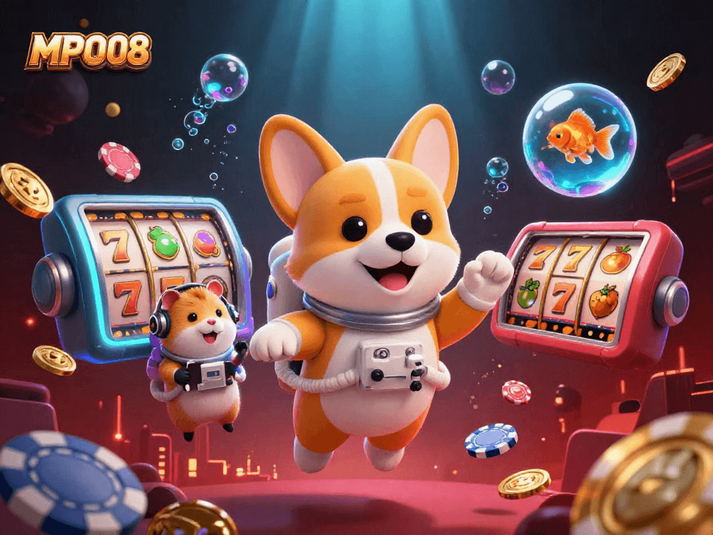 MPO08 offers thrilling gaming action with an astronaut corgi and animated slot reels in a vibrant space casino.