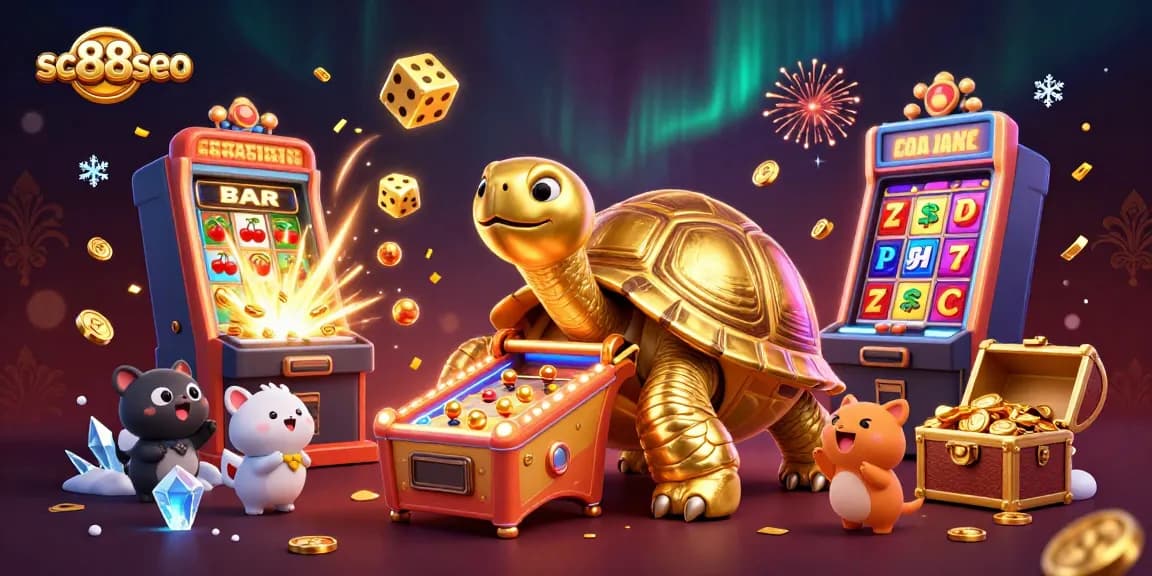 Engage with exciting games at SC88seo, featuring a tortoise slot machine and vibrant casino elements.