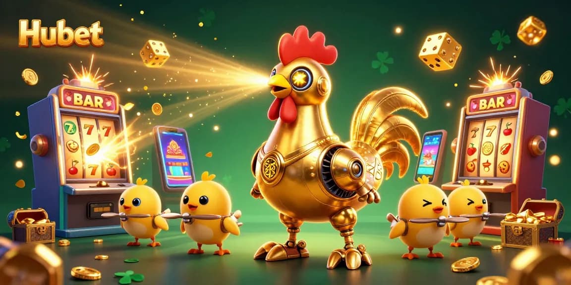 Start playing at Hubet with a retro-futuristic golden rooster robot amid a vibrant casino scene.