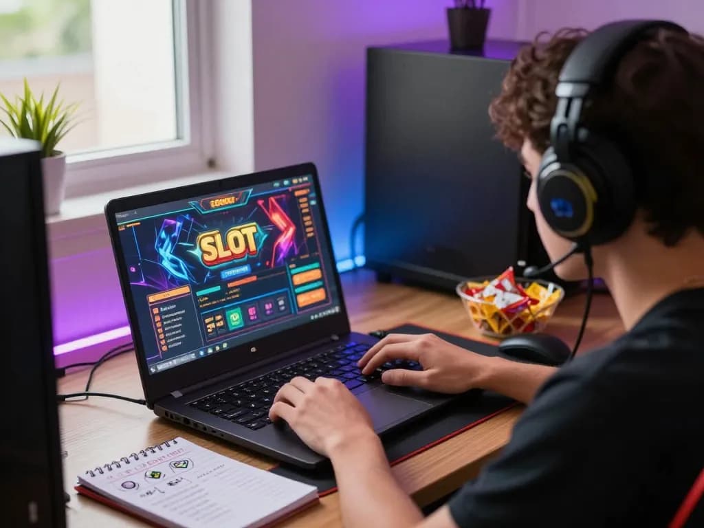 Engaging in Slot Gacor gameplay on a laptop while tracking strategy notes and enjoying a relaxed home atmosphere.