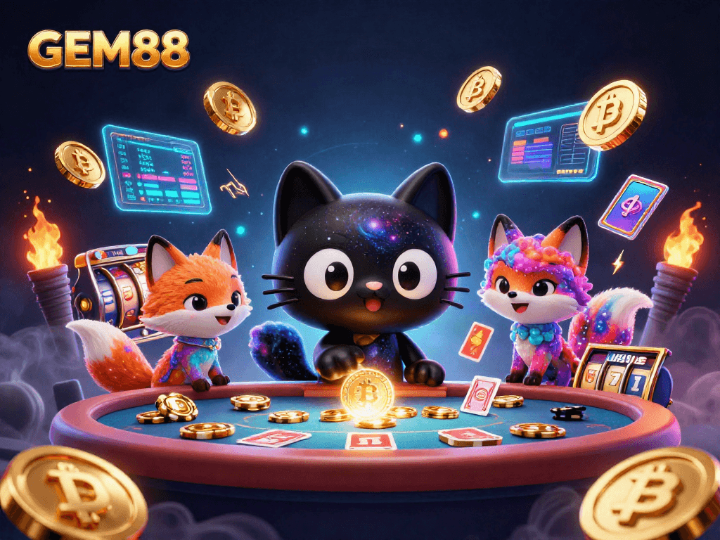 Engage with GEM88 at the cosmic casino, featuring a black hole cat and cryptocurrency elements.