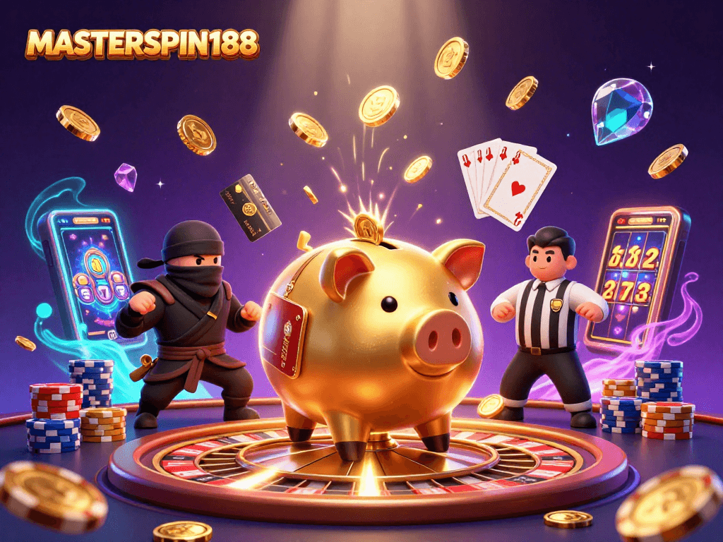 Experience the excitement of MASTERSPIN188 with a vibrant 3D illustration of a sumo wrestler and ninja in a dynamic casino scene.