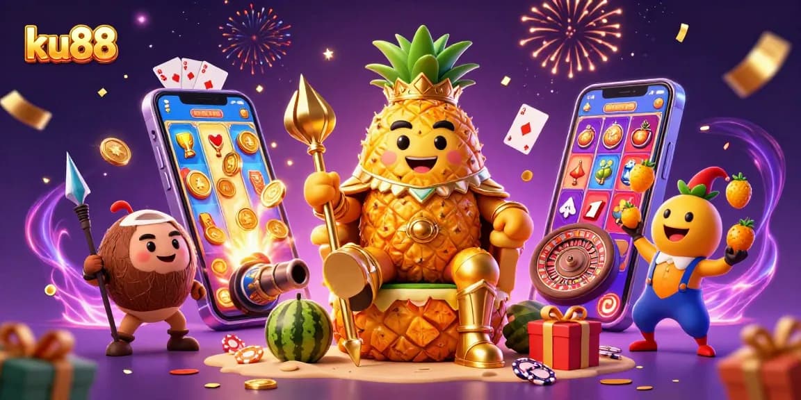 ku88 casino scene with the golden pineapple king, jester, and bodyguards in vibrant beach setting