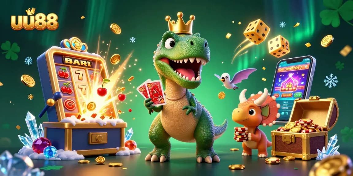 Play exciting casino games with uu88 as T-Rex shuffles cards and friends stack chips, vibrant scene.