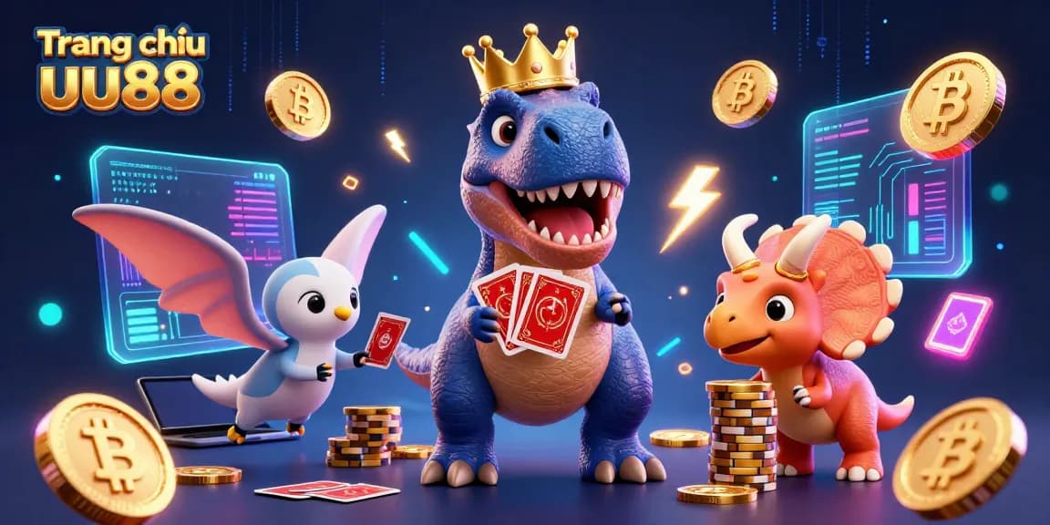 Immerse in the vibrant world of Trang chủ uu88 as a cartoon T-Rex shuffles cards in a dynamic casino scene.