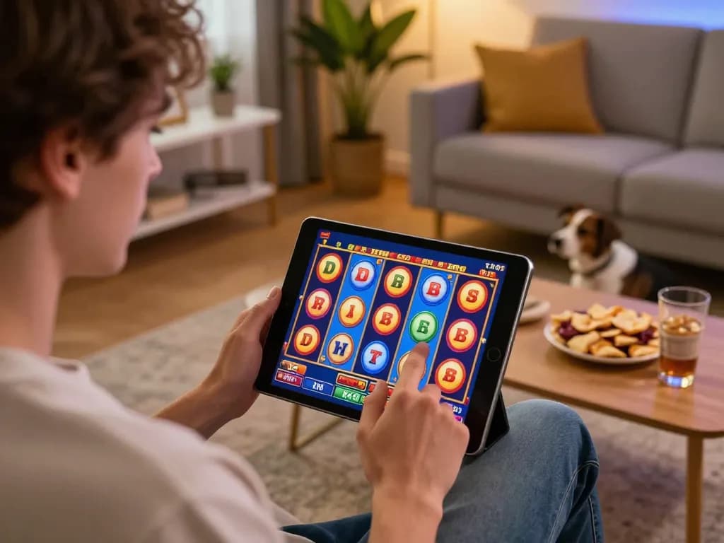 Nego77 player engaging with colorful slot games on a tablet at home, showcasing an exciting online gambling experience.