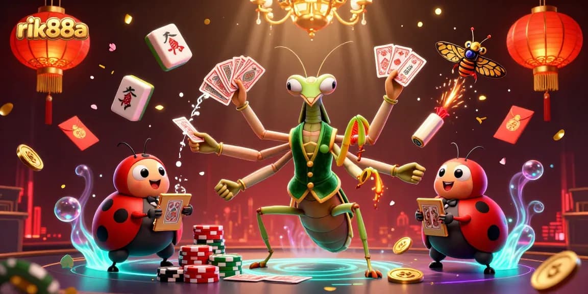 rik88a showcases a vibrant online casino scene featuring a giant card sharp and ladybug pit boss with dynamic game elements.
