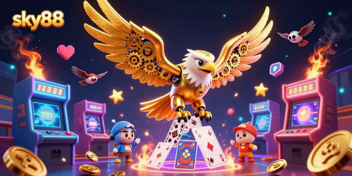 Experience sky88's vibrant casino excitement with a dynamic illustration featuring a golden eagle and gaming elements.