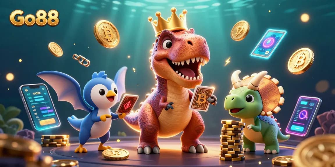 Engage with Go88's thrilling card games as a charming T-Rex learns card shuffling, alongside energetic friends.
