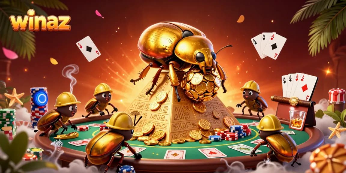 Winaz showcases a golden dung beetle rolling coins amidst vibrant casino elements, creating an engaging gambling scene.