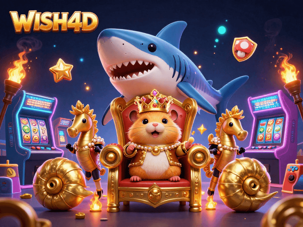 Spin the reels with WISH4D, where the hamster king reigns over a vibrant arcade-casino realm.