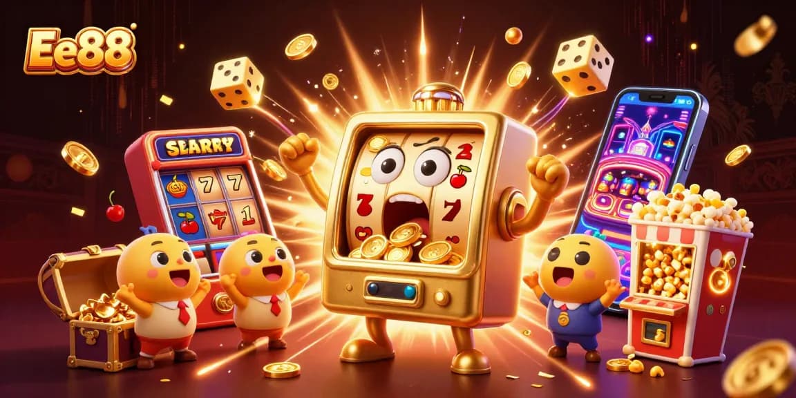 Experience the thrill of Ee88 as cartoon slot machines hit jackpots and coins pour out.