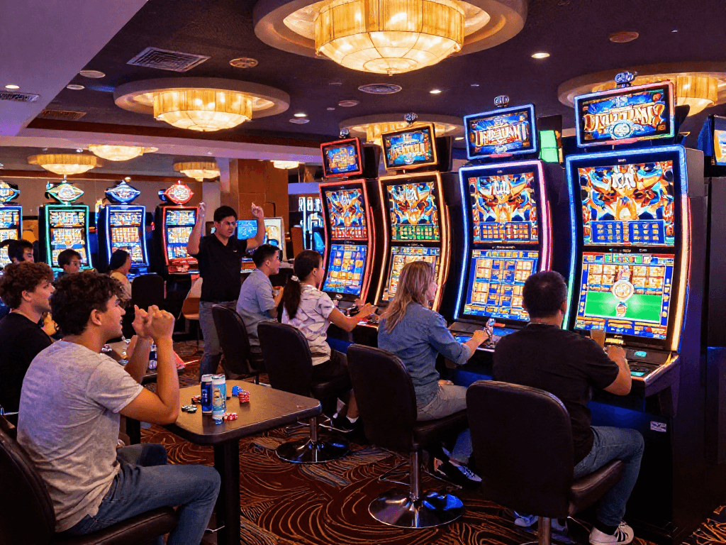 Engaging casino scene with players celebrating a slot jackpot win.