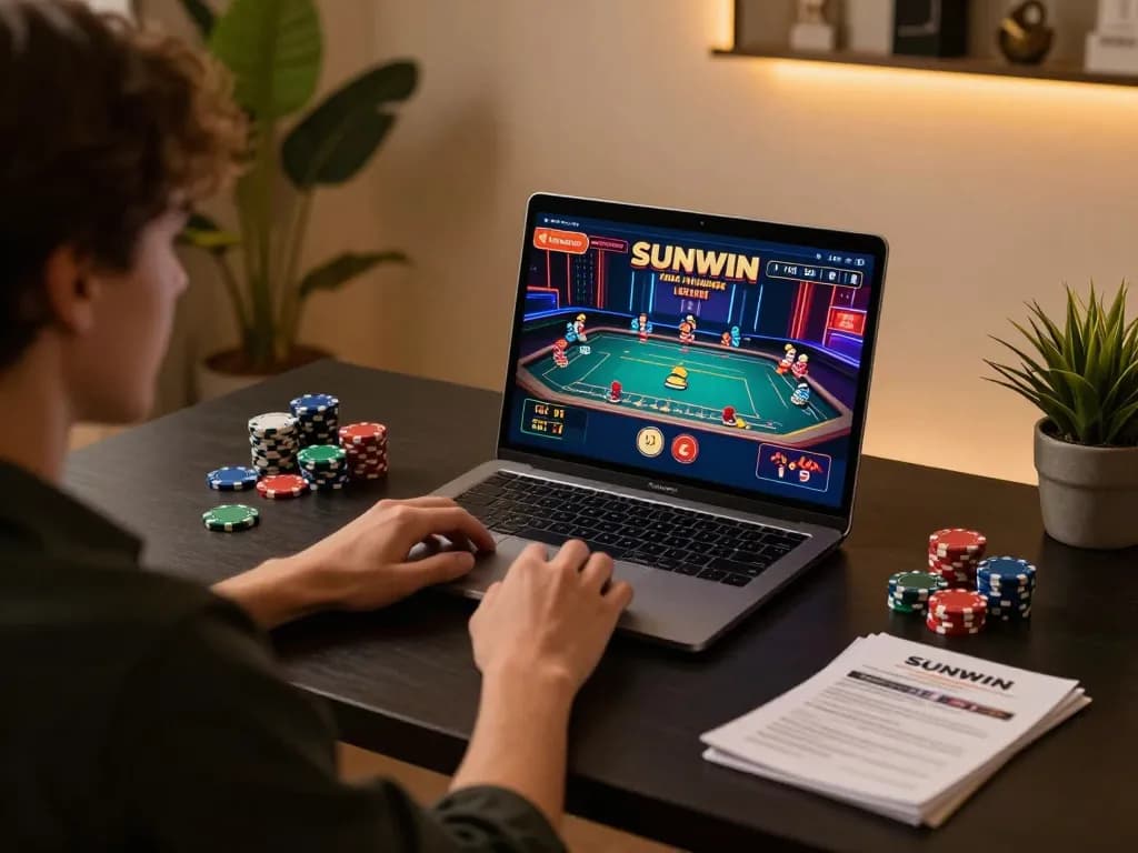 SUNWIN player engaging with live dealer game on laptop at stylish home setup.