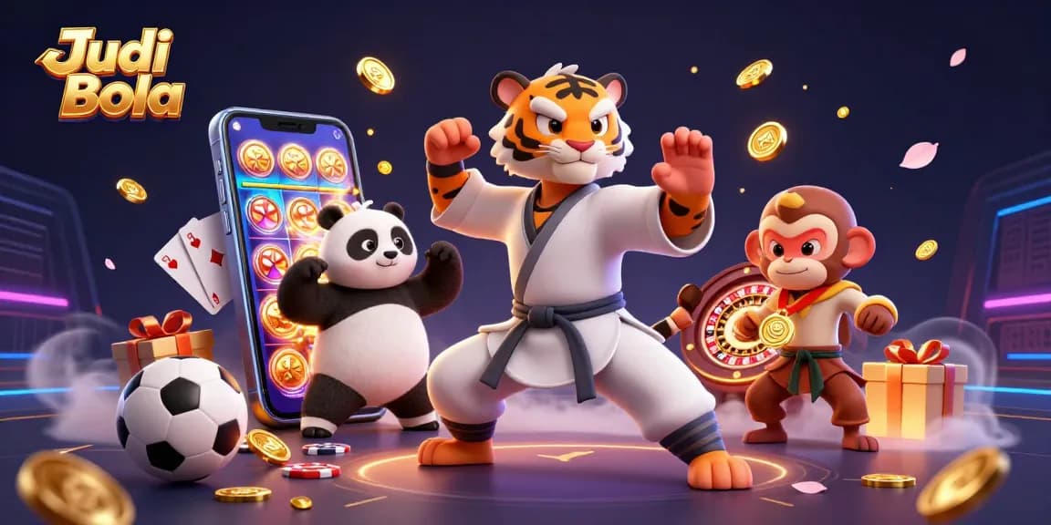 Experience thrilling Judi Bola action in a vibrant 3D scene with animated characters and gaming elements.