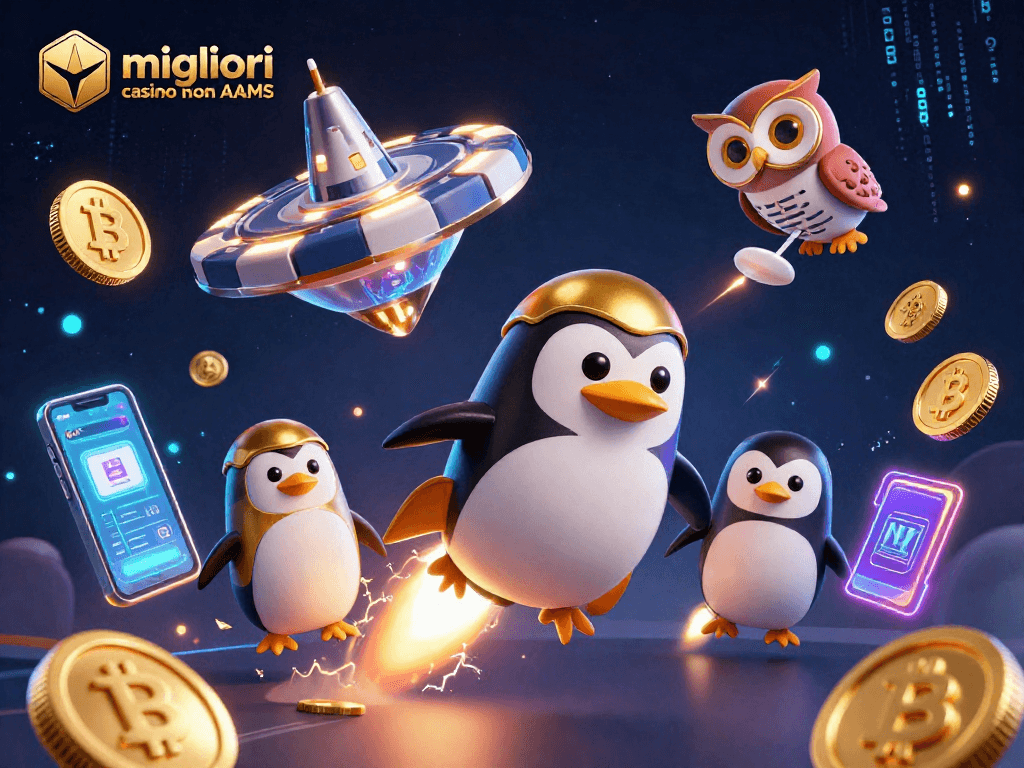 Gioca nei migliori casino non AAMS con un'illustrazione di un pinguino dorato che vola nello spazio.