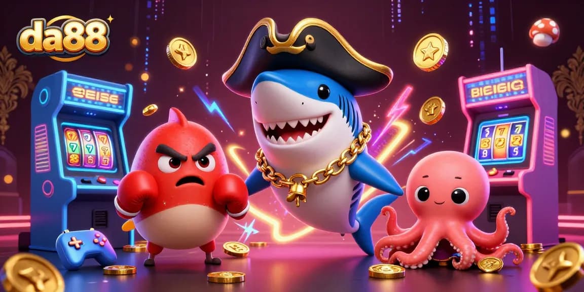 Join the da88 adventure with a playful pirate shark, boxing pufferfish, and wealth-holding octopus in a vibrant casino scene.