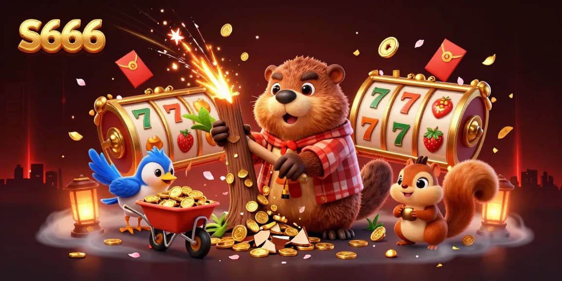 S666 offers an engaging casino experience with cartoon characters in a lively gambling scene filled with gold coins and festive elements.