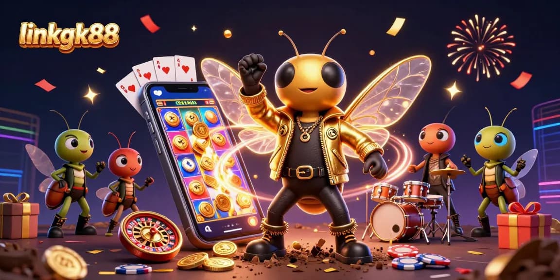Experience the excitement of linkgk88 with a lively casino scene featuring animated characters and games.
