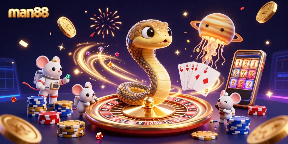 Engage with man88's interactive gaming universe as astronaut mice bet on a cosmic roulette scene.