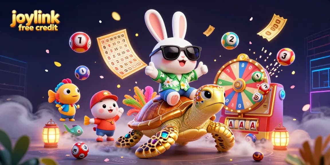 Experience joylink free credit in a vibrant lottery scene with colorful characters and exciting game elements.