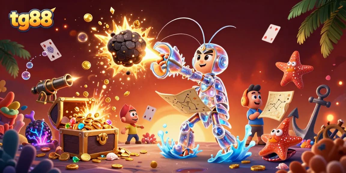 Experience thrilling gaming action at tg88 with dynamic characters exploding into gems and casino symbols.