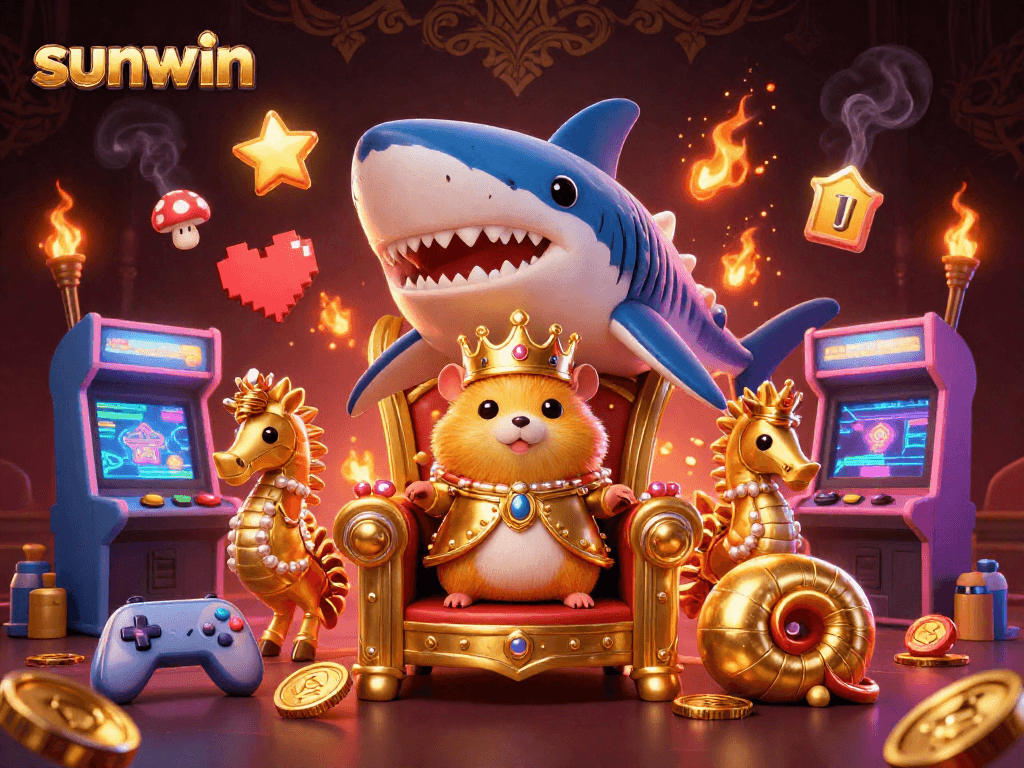Engage with the sunwin gaming scene featuring a fierce hamster king and immersive arcade elements.