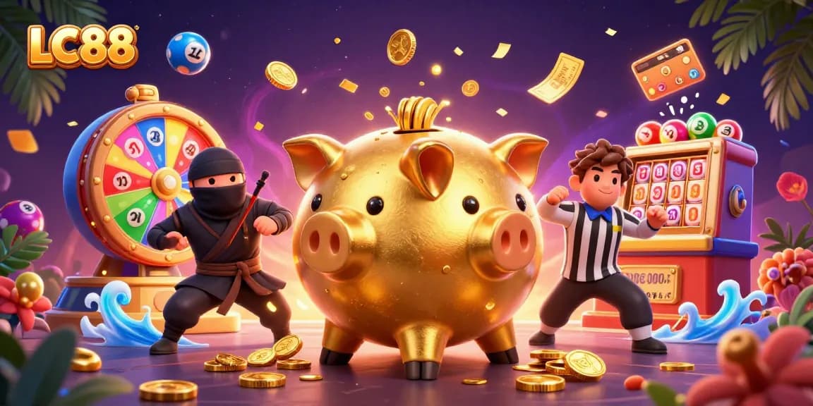 Engage in thrilling gaming at LC88 with a dynamic scene of a sumo wrestler, ninja, and samurai amid colorful lottery elements.