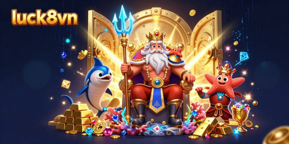 Engage with luck8vn amidst a dazzling treasure scene featuring Neptune and gems for thrilling bets