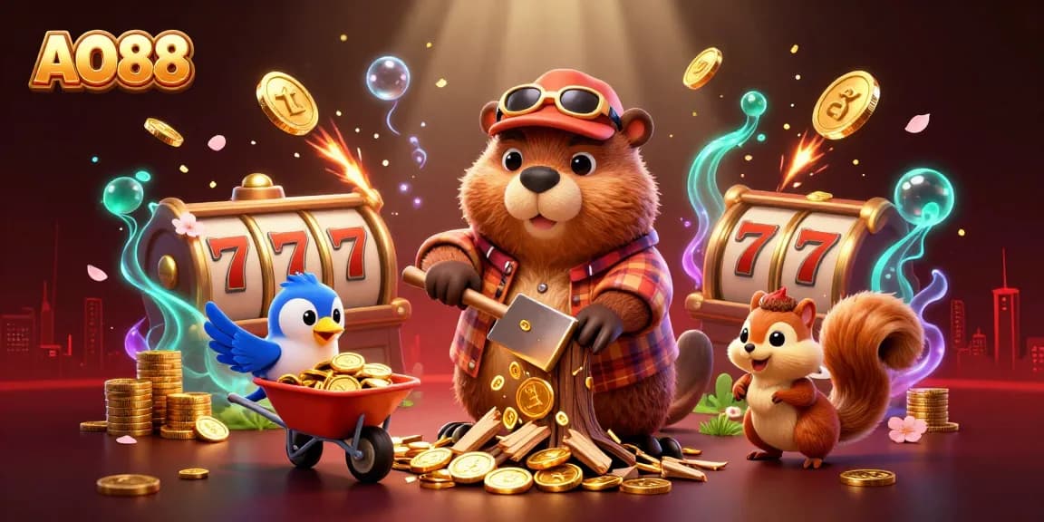 Experience excitement with AO88 where a lumberjack beaver and friends collect coins in a vibrant casino scene.