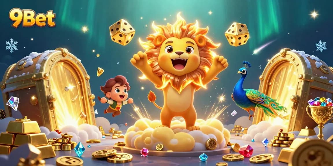 Engage with exciting gameplay at 9Bet featuring a roaring lion and golden treasures.