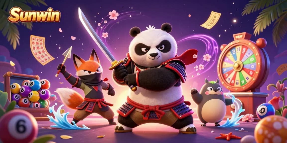 Experience thrilling gameplay with Sunwin's samurai panda and ninja fox in a dynamic casino scene.