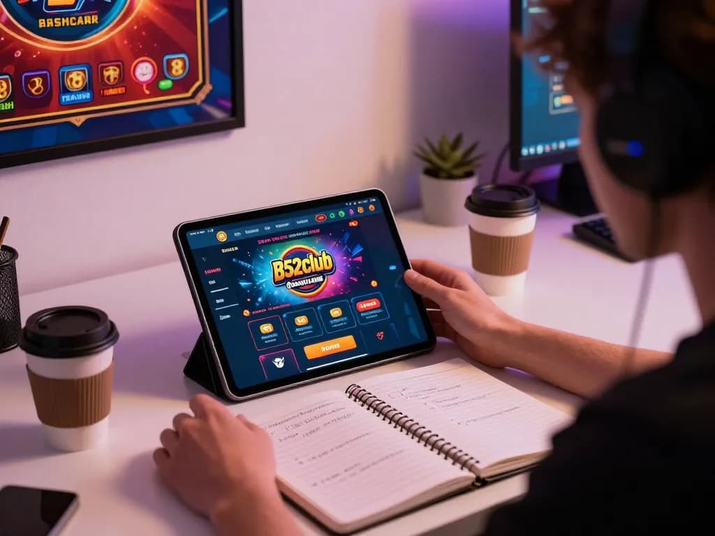 B52club player engaging with mobile casino app while reviewing betting strategies at home