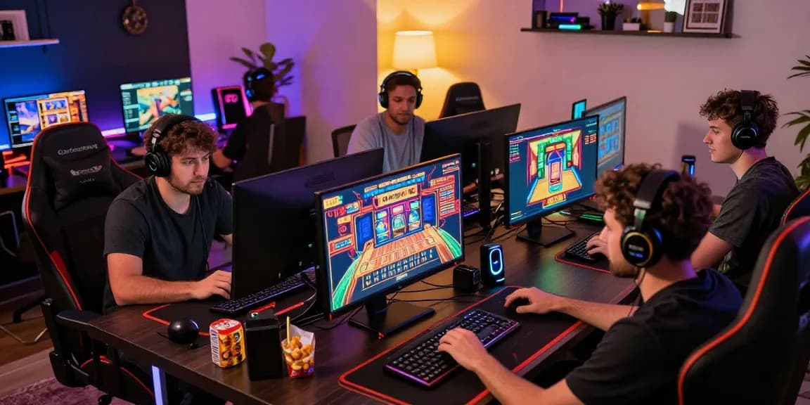 yo88 online gaming session with diverse players enjoying live casino action in a vibrant home office.