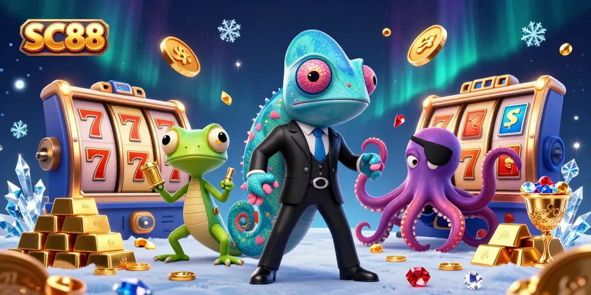 Experience thrilling slot action with SC88 in this vibrant casino scene of characters amidst spinning reels.