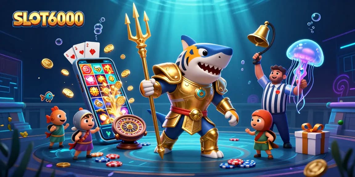 SLOT6000 unveils an epic underwater casino battle with a shark in gladiator armor and dazzling slot game elements.