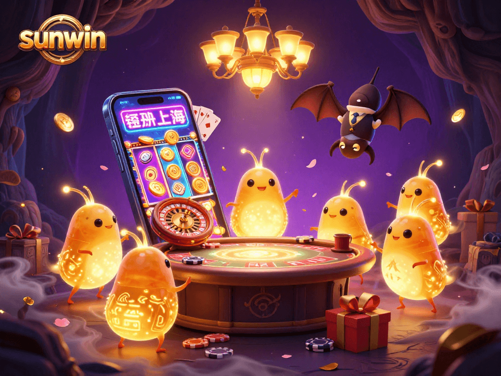 sunwin illuminates a vibrant casino scene featuring glowworms and gaming elements.