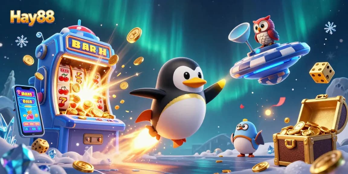 Experience Hay88's thrilling casino adventures with a golden penguin blasting to a space station.