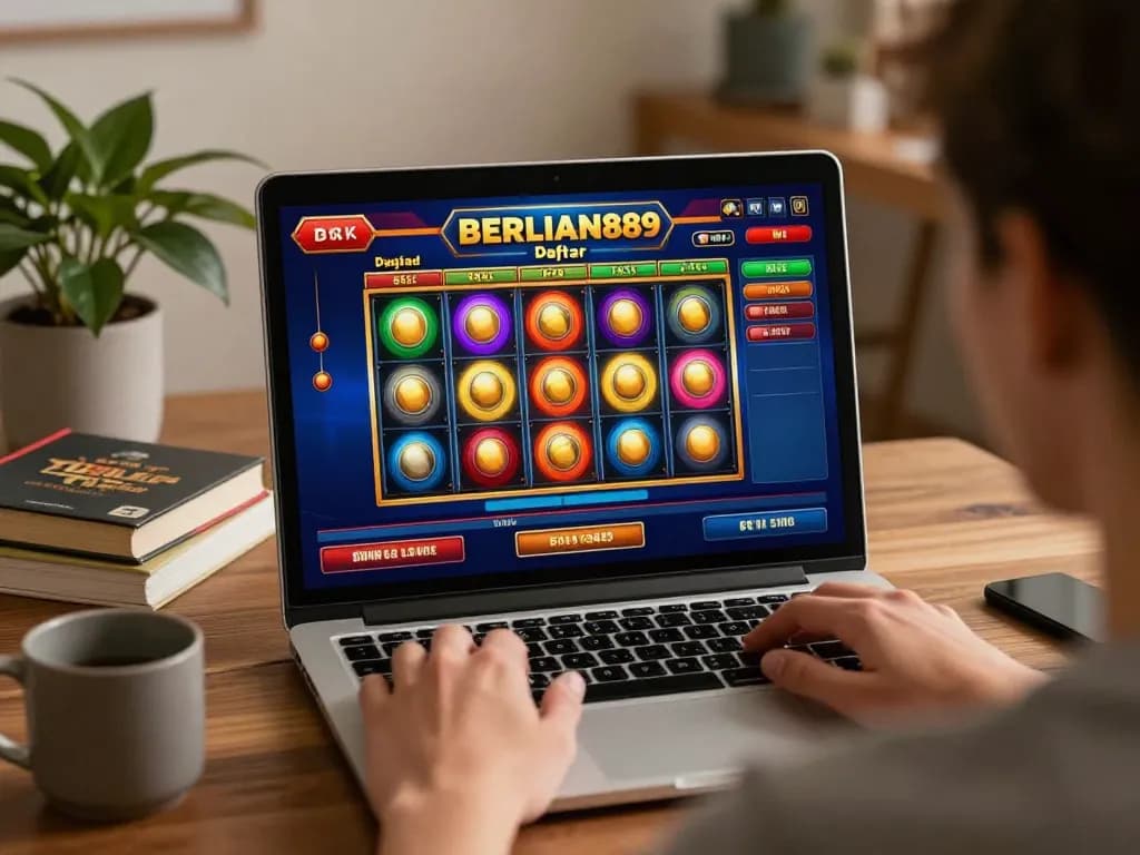 Engaging environment for BERLIAN889 Daftar online gaming with vibrant slot reels in motion.