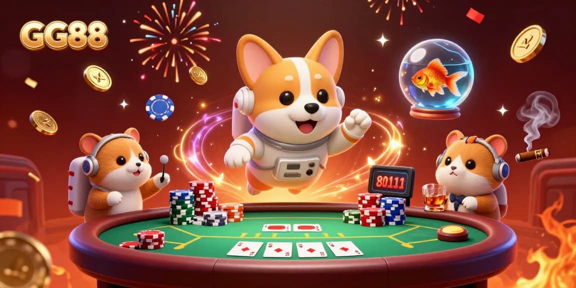 Engage with GG88 as a cartoon astronaut corgi enjoys a floating casino experience among vibrant poker and casino elements.