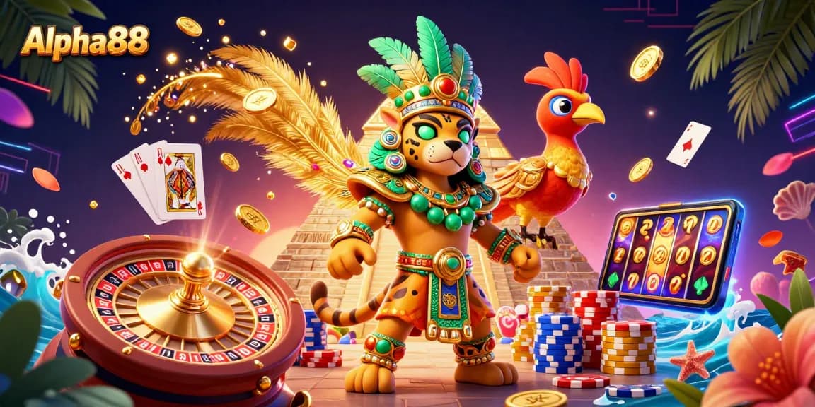 Experience Alpha88 excitement with a vibrant casino scene featuring a Mayan jaguar priest and racing roulette.