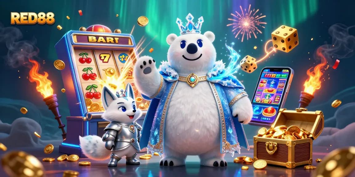 Witness the excitement of RED88 with a casino-themed fantasy featuring animated characters and vibrant game elements.